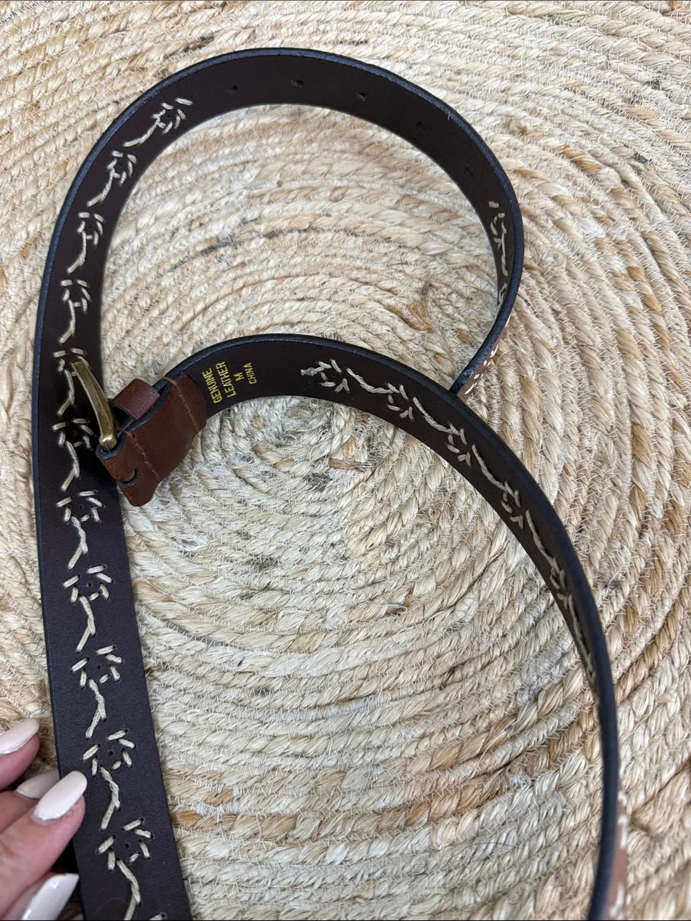 Genuine Leather Floral Cutout Embroidered Belt Brown Brass Buckle Size Medium